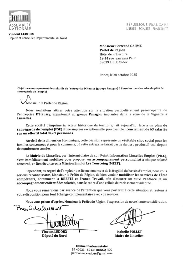 La Ville de Linselles apporte son soutien aux salariés de l’entreprise PARAGON