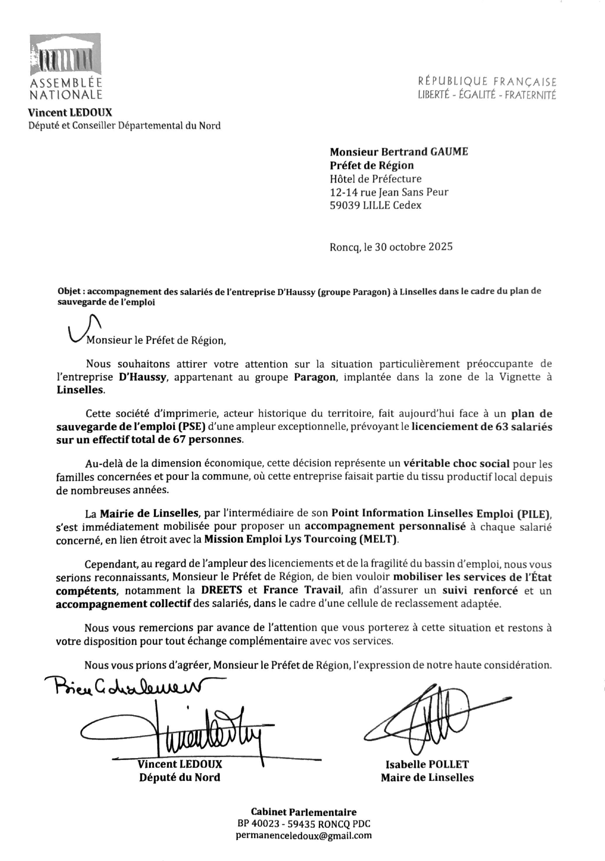 La Ville de Linselles apporte son soutien aux salariés de l’entreprise PARAGON
