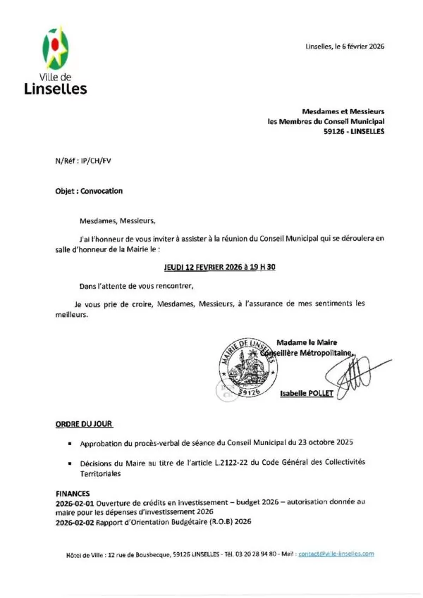 Image du document Convocation et ordre du jour du conseil municipal du 12 février 2026