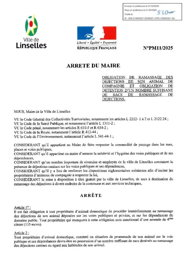 Image du document Obligation de ramassage des déjections de son animal de compagnie et obligation de détention d&rsquo;un nombre suffisant de sacs de ramassage de déjections