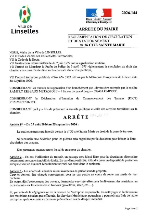 Image du document Arrêté de réglementation de circulation et de stationnement – 36 cité Sainte-Marie